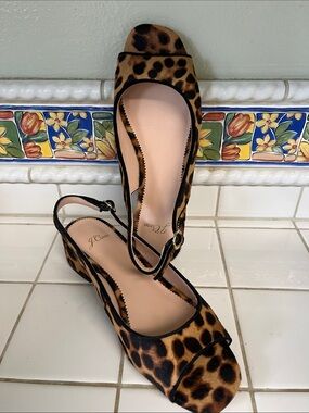 J. Crew Leopard Print fur  Slingback Wedge Sandals in Tan and Black